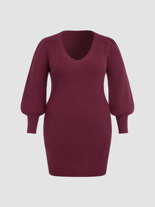 Knit V-neck Solid Mini Dress Curve & Plus