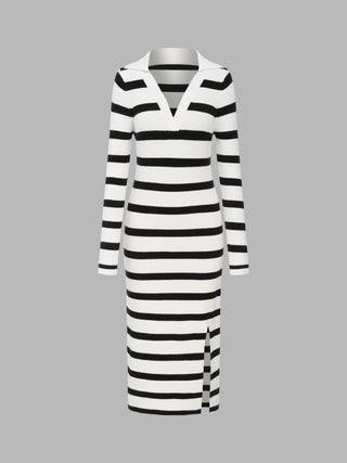 Knit V-neck Stripe Split Dress