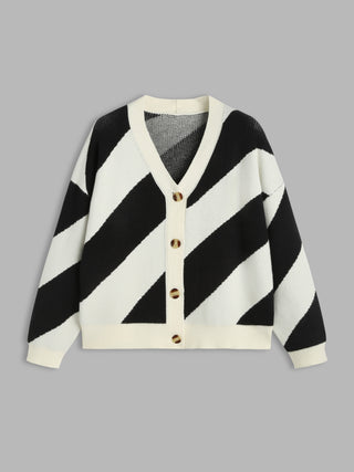 Knit V-neck Striped Button Cardigan Curve & Plus