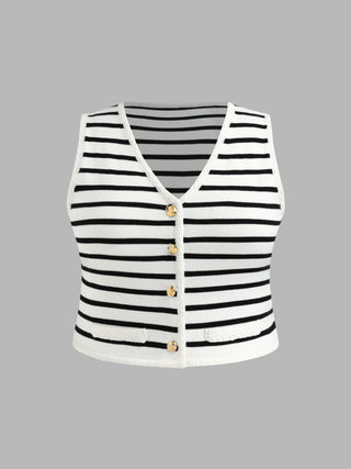 Knit V-neck Striped Button Crop Vest Curve & Plus