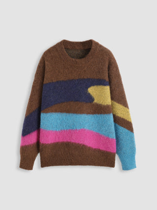 Knit Wool-blend Round Neckline Stripe Sweater