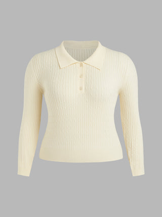 Knitted Polo Solid Button Long Sleeve Top Curve & Plus