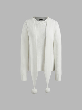 Knitted Round Neck Long Sleeve Hooded Sweater With Fluffy Balls