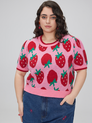 Knitted Round Neck Strawberry Short Sleeve Sweater Curve & Plus