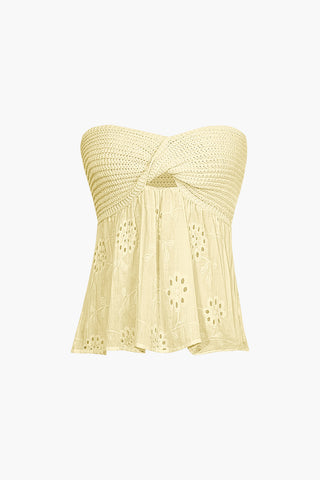 Knot Front Knit Embroidered Tube Top (XS / CREAM YELLOW)