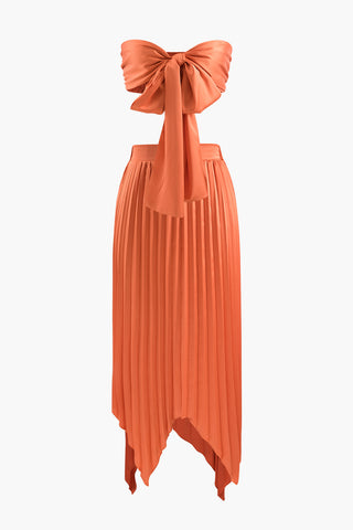 Knot Front Tube Top And Asymmetric Pleated Skirt Set (S / ORANGE)