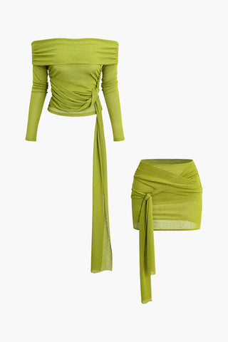 Knot Ruched Off Shoulder Top And Mini Skirt Set (M / GREEN)