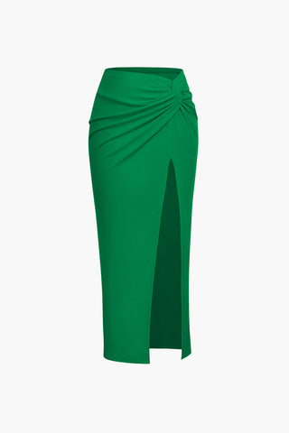 Knot Side Slit Knit Midi Skirt (M / GREEN)