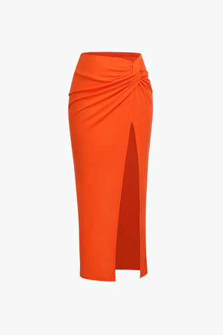 Knot Side Slit Knit Midi Skirt (M / ORANGE)