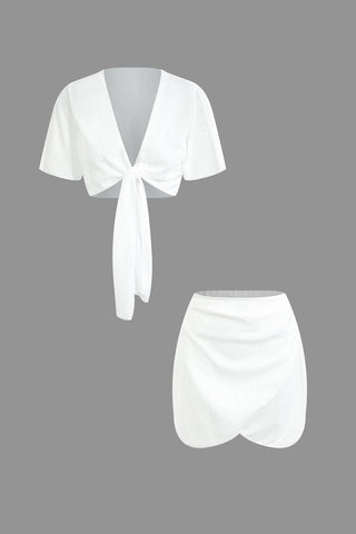 Knot V-neck Crop Top And Mini Skirt Cover Up Set (M / WHITE)