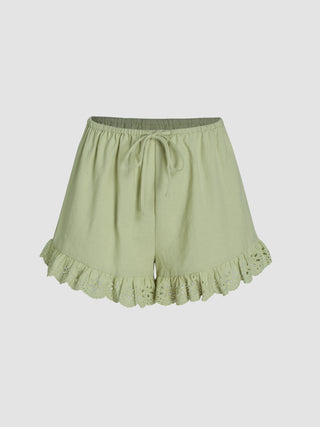 Knotted High Waist Ruffle Shorts (M / Green)