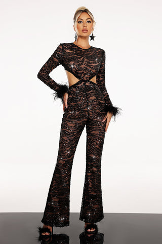 Kristine Sequins Lace Jumpsuit (S / Black)