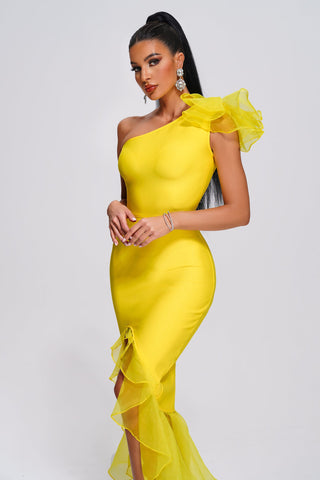 Kyra One Shoulder Slit Midi Bandage Dress (M / Yellow)