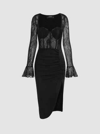 Lace Bell Sleeve Corset Ruched Slit Midi Dress (S / Black)