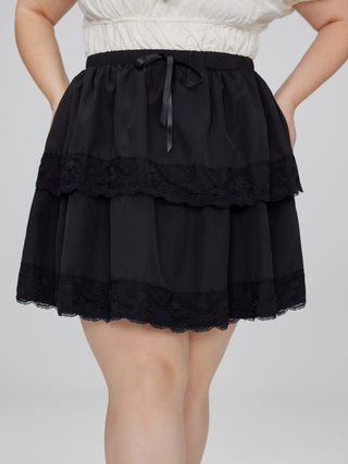 Lace Floral Ruffle Hem Layered Mini Skirt Curve & Plus