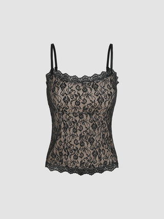 Lace Floral Square Neck Crop Top (S / Black)