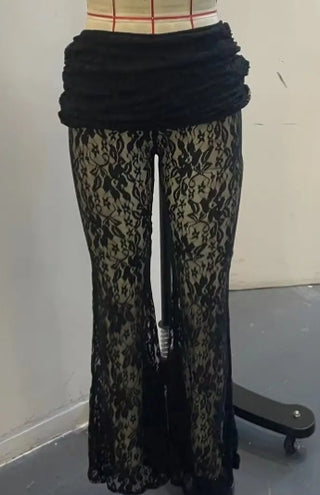 Lace Mid Rise Solid Flared Trousers