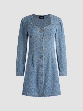 Lace Print Denim Dress