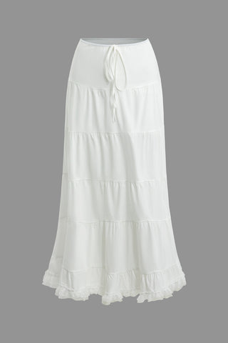 Lace Ruffle Hem Layer Maxi Skirt (M / WHITE)