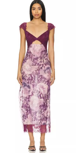 Lace Sweetheart Neckline Floral Cut Out See-through Maxi Dress (S / Violet)