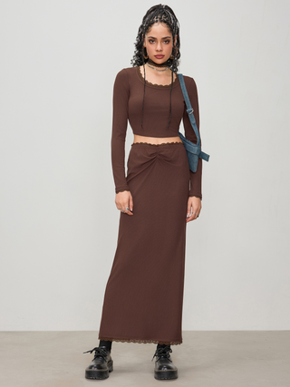 Lace Trim Crop Long Sleeve Top & Ruched Split Maxi Skirt