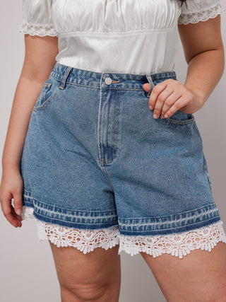 Lace Trim Denim Shorts Curve & Plus