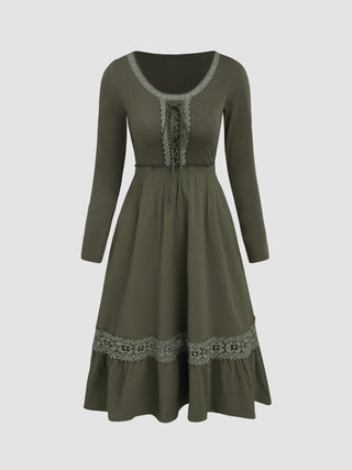 Lace Trim Drawstring Midi Dress (S / Olive Green)