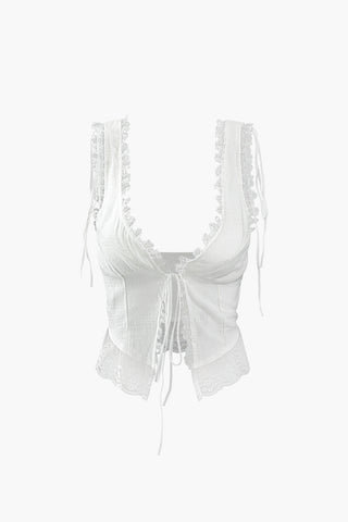 Lace Trim Tie Front Tank Top (XS / WHITE)