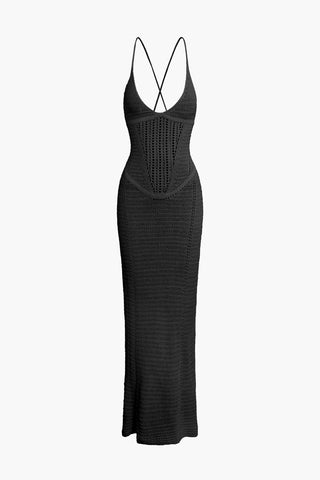 Lace Up Backless V-Neck Hollow Out Knit Dress (M / BLACK)