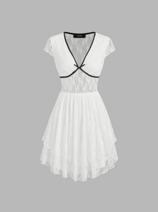 Lace V-neck Bowknot Layered Mini Dress