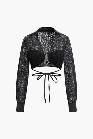 Lace V-neck Tie Buckle Long Sleeve Crop Top (M / BLACK)