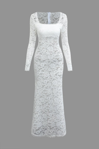 Lace Zipper Back Long Sleeve Maxi Dress (M / WHITE)