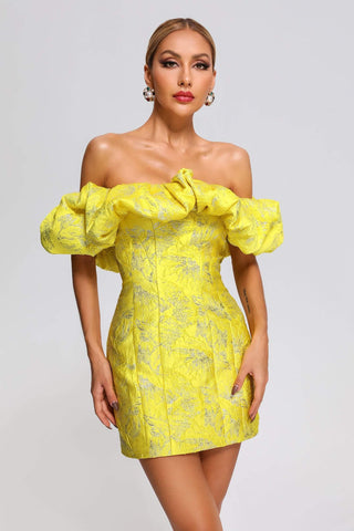 Lapo Jacquard Off Shoulder Mini Dress (S / Yellow)