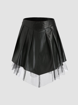 Leather Mesh Trimmed Mini Skirt