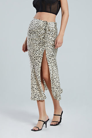 Leopard Drawstring Slit Skirt (M / BEIGE)