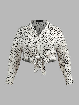 Leopard Print Collar Tie Front Long Sleeve Blouse Curve & Plus