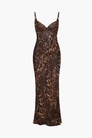 Leopard Print Draped Maxi Dress (S / BROWN)