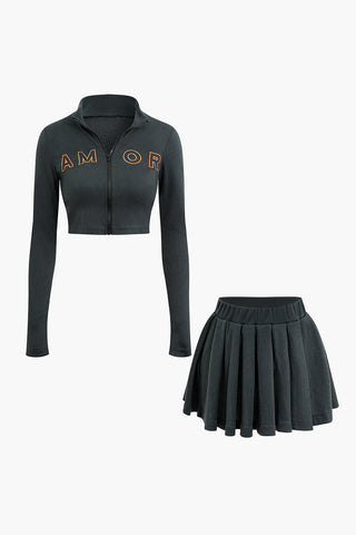 Letter Embroidered Rib Knit Stand Collar Zipper Crop Cardigan And Pleated Mini Skirt Set (M / GRAY)