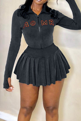 Letter Embroidered Rib Knit Stand Collar Zipper Crop Cardigan And Pleated Mini Skirt Set (S / GRAY)