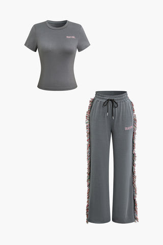 Letter Print T-shirt And Tassel Drawstring Pants Set (L / GRAY)