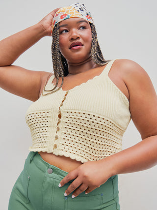 Lettuce Trim Button Knitted Crop Top Curve & Plus