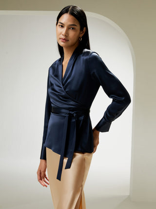 LILYSILK X NATASHA Silk Wrap Blouse (Navy Blue / 14)