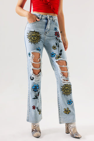 Lina Ripped Printed Jeans (M / Blue)