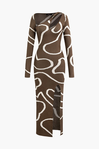 Line Pattern Cut Out Slit Knit Maxi Dress (M / BROWN)