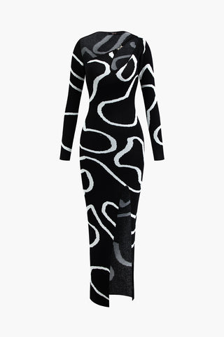 Line Pattern Cut Out Slit Knit Maxi Dress (XS / BLACK)