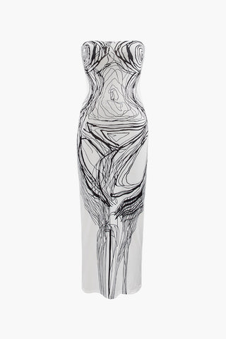 Line Print Strapless Midi Dress (XL / WHITE)