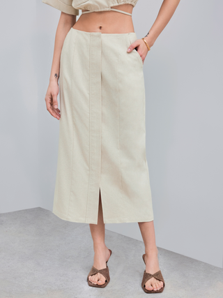 Linen-blend Mid Rise Solid Split Maxi Skirt