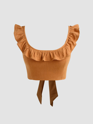 Linen-Blend Scoop Neckline Ruffle Hem Crop Top