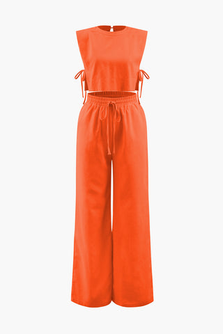 Linen Padded-Shoulder Tie Side Top And Drawstring Pants Set (M / ORANGE)