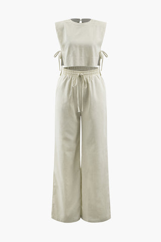 Linen Padded-Shoulder Tie Side Top And Drawstring Pants Set (S / BEIGE)